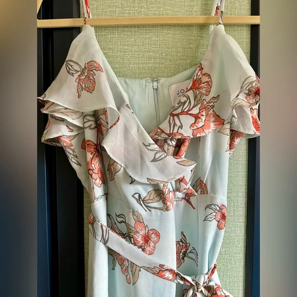 J.O.A. Floral Print Ruffle V Neck Midi/Maxi Dress, Blue Orange, NWOT, Size L - Picture 5 of 6